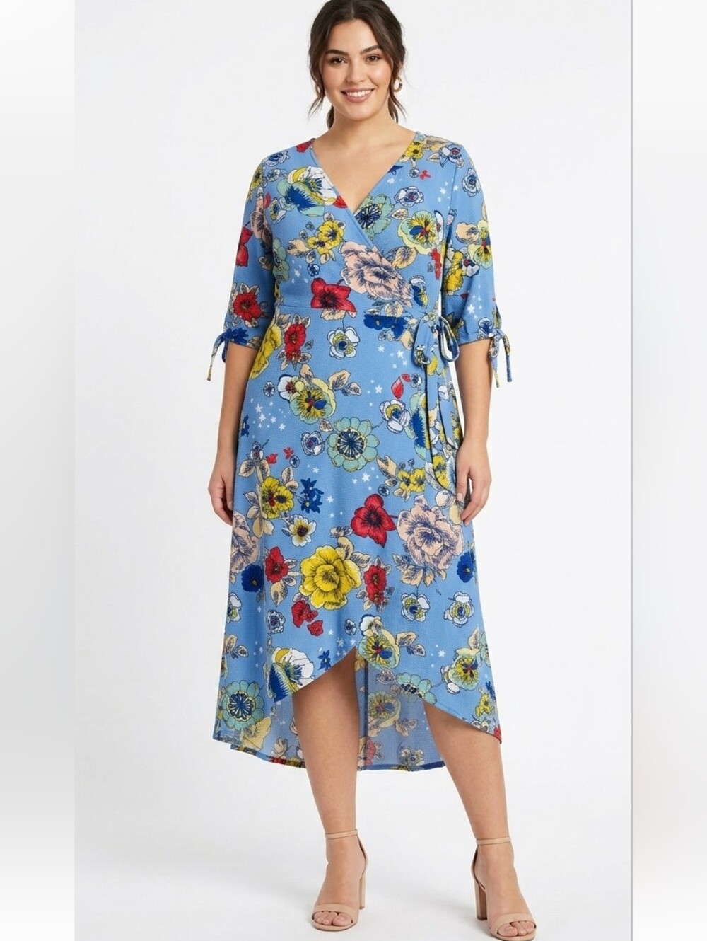 ​Love J Blue Floral Wrap Dress Plus Size 1X Boho Summer Midi Dress